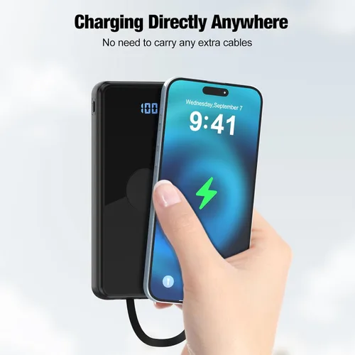 Miniatura 5 de Cargador portátil con cables integrados, batería de alta velocidad de 10000 mAh, paquete de batería de viaje, 5 salidas, 3 entradas, cargador