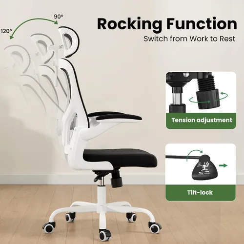 Miniatura 5 de Silla de oficina ergonómica, silla de escritorio giratoria de malla con respaldo alto, soporte lumbar ajustable, reposacabezas y reposabrazos Negro