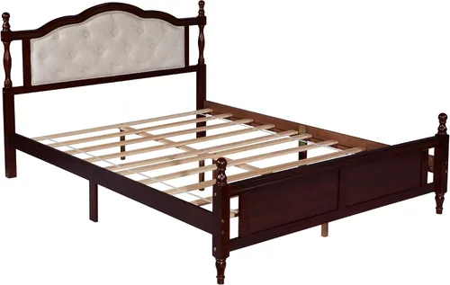 Miniatura 7 de Flieks Cama de plataforma tamaño Queen, cama de madera de pino con cabecero y estribo tapizados, con dos pies de soporte de riel de cama y pies