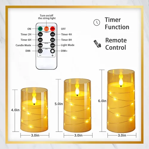 Miniatura 7 de NURADA Velas Parpadeantes Sin Llama: Velas LED de Pilar de Acrílico con Luces de Cadena de Estrellas Integradas Operadas por Batería con Control