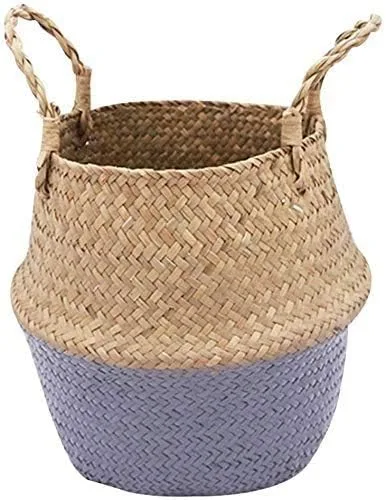 Miniatura 6 de INSO Cesta tejida natural para el vientre, para pícnic y comestibles. Cesta plegable de almacenamiento de algas marinas con asas para plantas