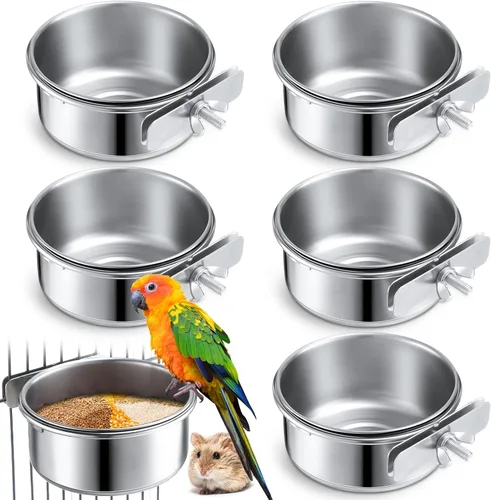 Sabary Paquete de 6 cuencos de alimentación para pájaros, platos de agua de acero inoxidable con abrazadera de 10 onzas, comedero de agua para