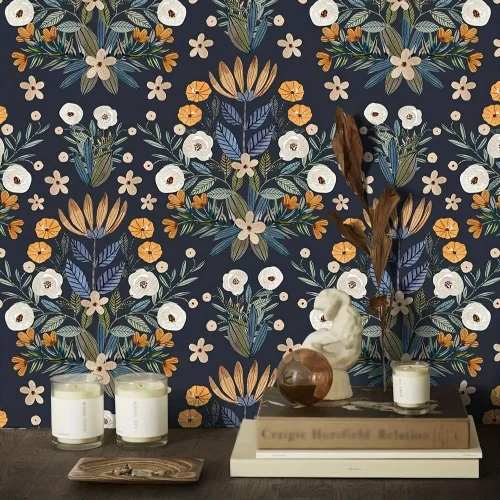 Floralplus Papel tapiz autoadhesivo bohemio extraíble para baño, papel tapiz floral oscuro, papel de contacto floral con hojas adhesivas para Azul