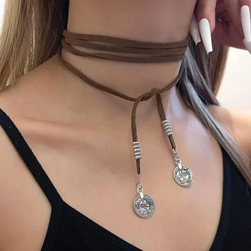 Miniatura 2 de Collar largo vintage de gamuza Vagan marrón Boho cuero Wrap Gargantilla Collar de cuero disco moneda collar suéter cadena joyería para mujeres
