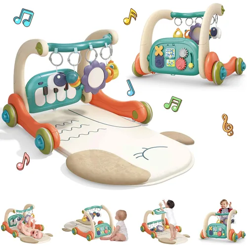 Alfombra de juego 3 en 1 para bebé, piano para patear y jugar, gimnasio con luz musical, tapete de juego de actividad con 5 juguetes sensoriales de