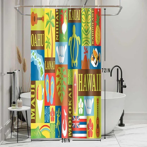 Miniatura 3 de Cortina de ducha hawaiana, retro hawaiano exótico Tiki cortinas de ducha de baño, juego de cortinas de baño con temática tropical Aloha con 6