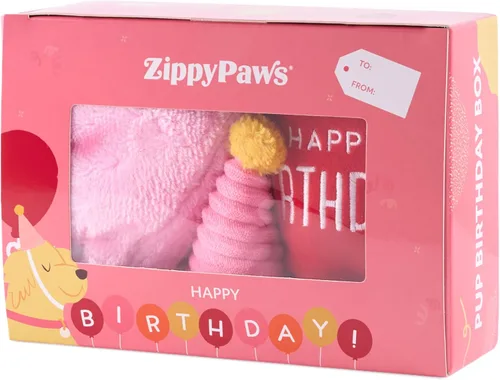 ZippyPaws Caja de cumpleaños – Juguetes chirriantes para mantenerlos ocupados, peluche divertido de comida para perros pequeños, medianos y grandes,