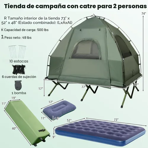 Miniatura 7 de Tangkula Combo de Catre de Tienda 5 en 1 con Toldo, Colchón de Aire, Saco de Dormir, Almohada, Tienda Individual Elevada con Bolsa de Transporte