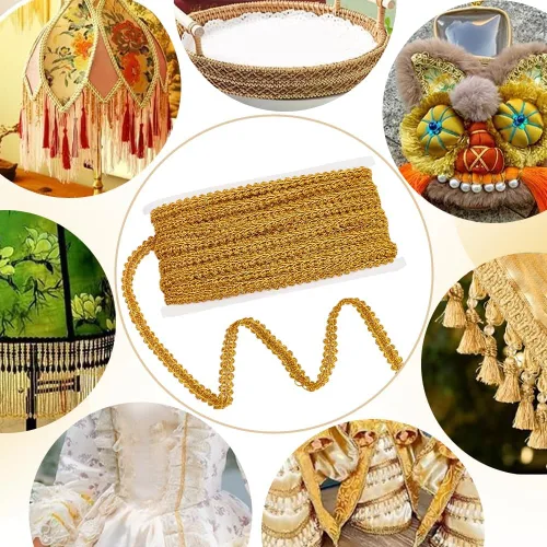 Miniatura 6 de PandaHall Gimp - Ribete trenzado de tela de ciempiés dorado, 22.5 yardas, cinta trenzada, ajuste de encaje metálico, para bodas, novias, disfraces