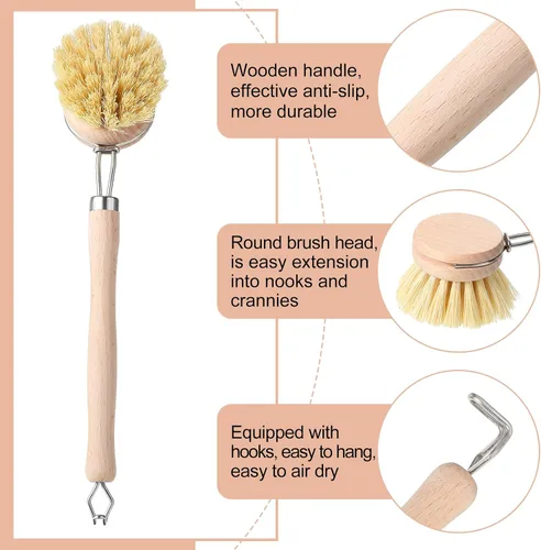 Miniatura 3 de Maxdot 4 cepillos de cocina con mango de madera de haya, mango de madera natural, cepillo de cerdas de fibra, cepillo de repuesto de 2 pulgadas