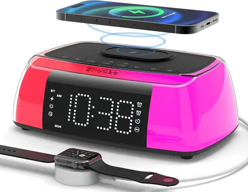 Reloj despertador con carga inalámbrica, reloj despertador digital fuerte con máquina de sonido, luz nocturna, altavoz Bluetooth, estación de carga