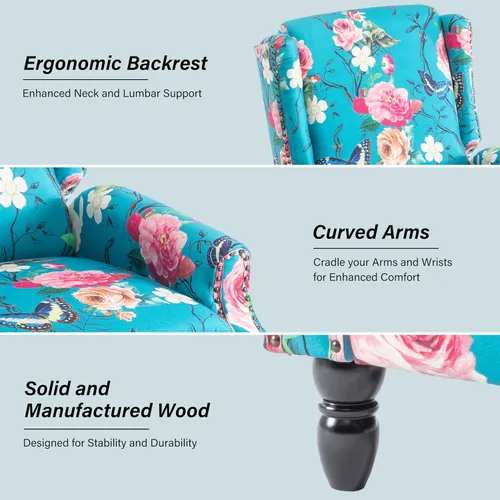 Miniatura 4 de Silla reclinable tapizada, sillón de ala floral con respaldo y reposapiés ajustables, cómoda silla decorativa para leer, sofá individual