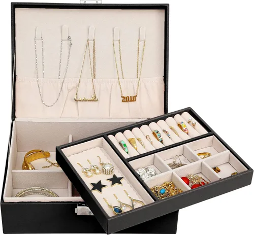 Miniatura 2 de ZUZOOQ ZUZ003A - Caja organizadora de joyas para mujeres y niñas, estuche de almacenamiento grande de 2 capas, soporte de exhibición de piel