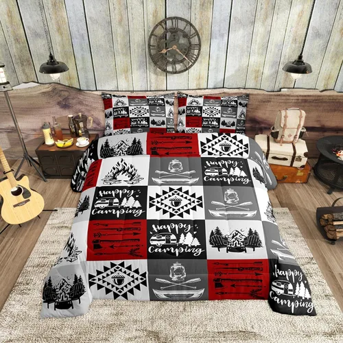 Miniatura 38 de Happy Camping - Juego de edredón de 3 piezas, tamaño Queen, retro, azul, rojo, blanco, rayas de madera, para niños, adolescentes, adultos, Multi 19