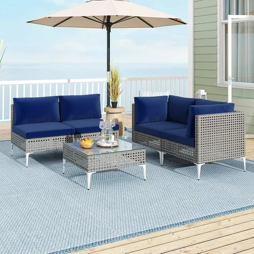 Miniatura 3 de Tangkula Juego de muebles de exterior de 5 piezas, juego de sofá modular acolchado de mimbre resistente con mesa de café de vidrio templado