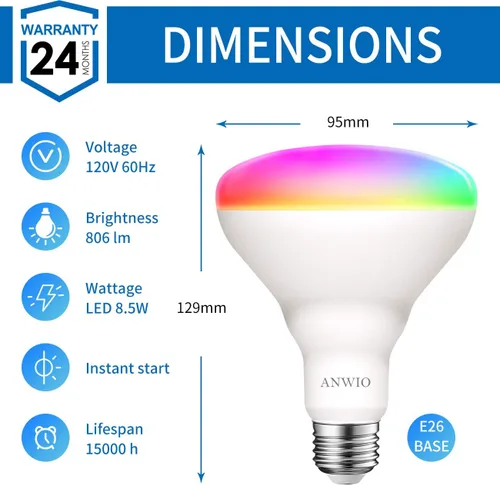 Miniatura 3 de ANWIO Bombilla inteligente BR30 RGB que cambia de color, LED, WiFi, regulable, multicolor, base E26, compatible con Alexa, Google Assistant,