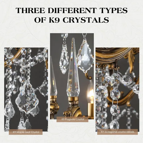 Miniatura 2 de Candelabros de cristal de bronce antiguo de lujo con lámpara colgante de vela, lámpara de techo de 6 luces de cristal dorado para comedor, sala