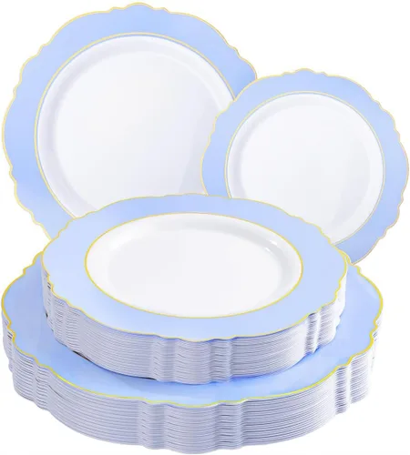 WDF - 60 platos de plástico azul desechables con borde dorado - Platos de fiesta de plástico azul bebé barroco para boda/fiesta/baby shower