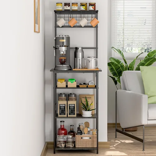 Miniatura 8 de Estación de café de 5 niveles, soporte de cocina con 4 ganchos en forma de S, gabinete de barra de café de esquina estilo granja para espacios