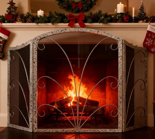 Miniatura 11 de Kingson - Pantalla para chimenea de 3 paneles con arco decorativo, hecha a mano, de hierro forjado con espiral, cubierta protectora contra chispas