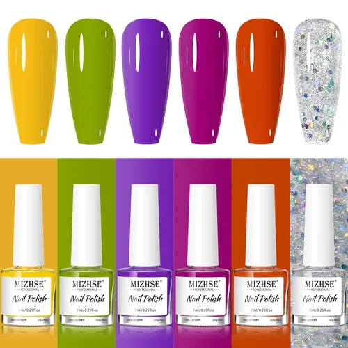 MIZHSE Juego de esmaltes de uñas de secado rápido, esmalte de uñas de colores brillantes, esmalte de uñas regular sin gel, amarillo, verde, morado,