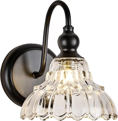 Miniatura 2 de Moderno aplique de pared negro mini lámpara de pared hecha de cuerpo de metal y vidrio estampado prensado retro luz de tocador para dormitorio