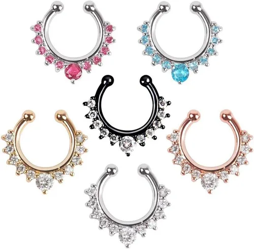 XUKEKOY 6 piezas de joyería falsa para tabique, anillo de nariz con clicker, strass, sin perforación, clip para colgar, joyería corporal