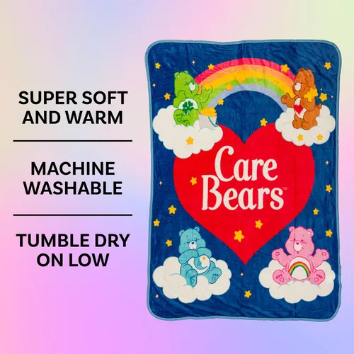 Miniatura 3 de Silver Buffalo Care Bears Logo de corazón arcoíris con Cheer, Dormiloncito y Tiernosito Oso 45” x 60” Manta de forro polar suave y acogedora, 180