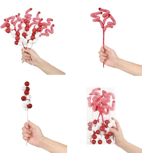 Miniatura 5 de 6 piezas de adornos para árbol de Navidad, varillas de lana rojas y blancas con lentejuelas y esferas colgantes para árbol de Navidad, adornos