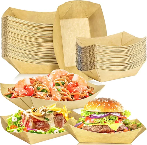 Miniatura 7 de Paquete de 80 bandejas de papel desechables de 2 libras para botes de papel, bandeja de servir comida kraft, platos para aperitivos, palomitas
