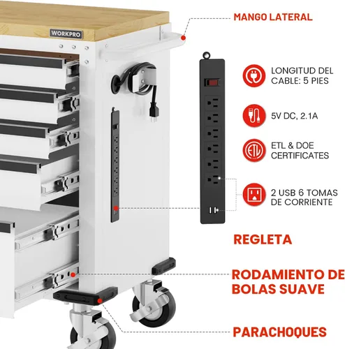 Miniatura 5 de WORKPRO Cofre de herramientas rodante de 52 x 20 pulgadas, con 5 cajones y 1 puerta, baúl de herramientas resistente con ruedas, regleta de Madera