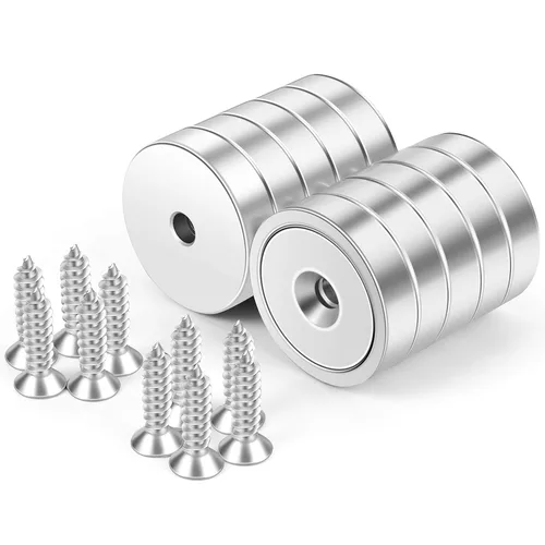 Miniatura 8 de Neosmuk Imanes con Tornillos, Imán de Disco de Neodimio Fuerte de 130 libras con Agujeros en el Centro, Imán de Copa con Orificio de Montaje