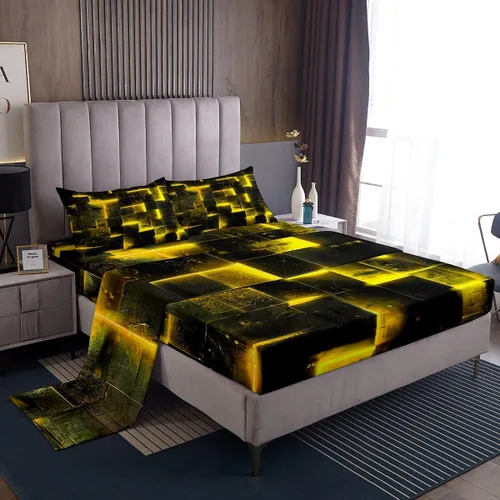 Miniatura 39 de Erosebridal Juego de sábanas de cama negro y rojo, juego de sábanas de tamaño individual abstracto moderno, sábanas a cuadros brillantes 3D, juego