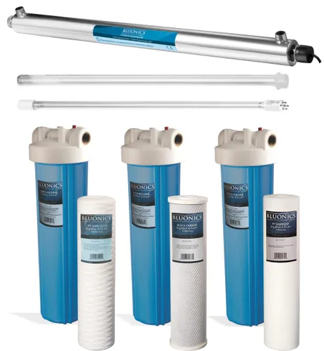 Sistema de Purificador de Filtro de Agua de Luz UV Ultravioleta de 55W de Bluonics Plus Filtro de Sedimentos y Carbón para Agua de Pozo con Puertos