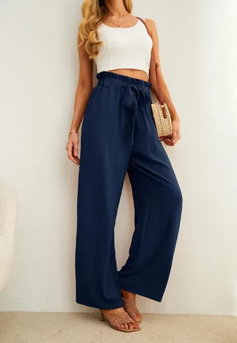 Miniatura 3 de IWOLLENCE - Pantalones de pierna ancha para mujer con bolsillos, cintura alta, nudo ajustable, holgados, casuales, para trabajo y negocios