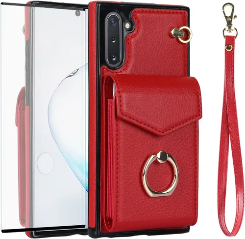 Miniatura 7 de Asuwish Funda de teléfono para Samsung Galaxy Note 10 5G con protector de pantalla de vidrio templado y anillo de bloqueo RFID, tarjetero de cuero