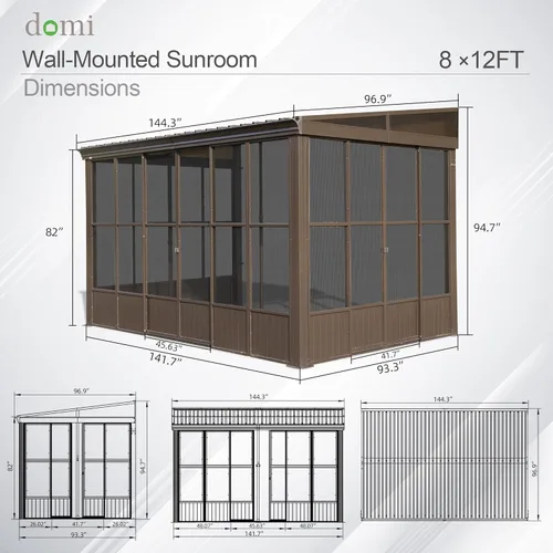 Miniatura 37 de Domi - Solárium de pared montado de 10 x 14 pies, solárium de pared con techo inclinado de policarbonato de aluminio, casa de pantalla de PC