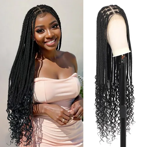Miniatura 10 de Kalyss Pelucas trenzadas de encaje completo HD de 360° para mujer, peluca trenzada sin nudos de mariposa, peluca trenzada frontal con cabello