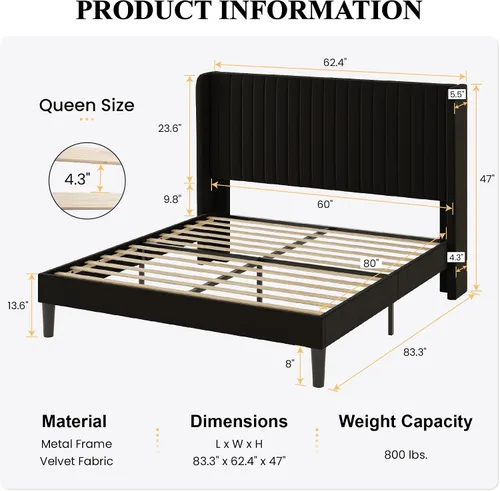 Miniatura 2 de SHA CERLIN Base de cama de terciopelo tamaño Queen con cabecera capitoné de canal vertical, plataforma tapizada con listones de madera, no necesita
