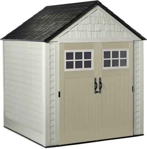 Miniatura 18 de Rubbermaid - Cobertizo grande vertical de resina para exteriores con piso (6.2 x 4.6 pies), resistente a la intemperie, beige/marrón, para organizar