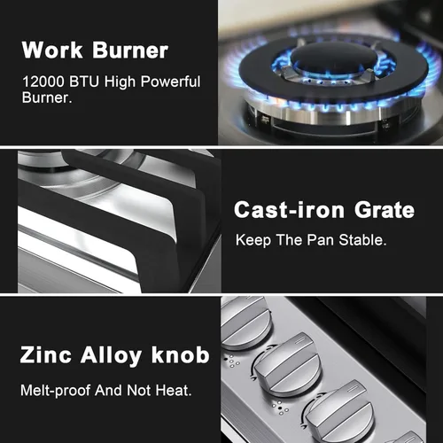 Miniatura 4 de Cocina de gas integrada de 30 pulgadas, 5 quemadores sellados Italia SABAF de gas 41,800BTU, convertible a NG/LPG, estufa de gas de acero inoxidable