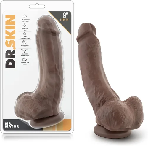 Blush Juguetes sexuales para adultos - Dr. Skin Mr. Mayor, consolador realista de 9 pulgadas con ventosa, 2 pulgadas de ancho, pene con correa Marrón