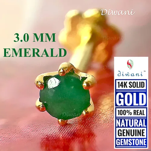 Miniatura 3 de Diwani Anillo de oro de 14 quilates de 0.118in con piedras preciosas de esmeralda natural de compromiso para boda, nariz, labio, labio, monroe