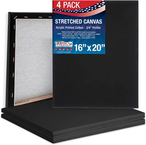 Miniatura 4 de U.S. Art Supply Lienzo negro estirado de 18 x 24 pulgadas, imprimado de 12 onzas, 4 unidades, perfil de calidad profesional de artista de 3/4