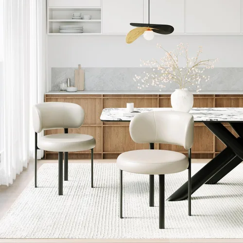 Juego de 2 sillas de comedor beige de cuero con patas de metal, soporte de resorte y respaldo curvado, silla redonda de comedor de cocina de