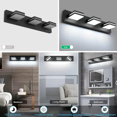 Miniatura 4 de SineRise - Lámpara LED para tocador de baño - Moderna lámpara regulable de acrílico con acabado negro mate para iluminación de pared sobre el espejo