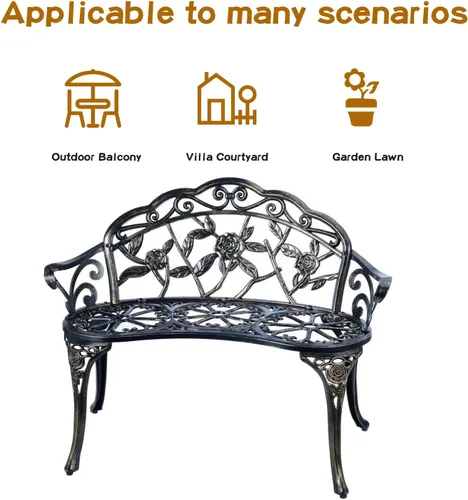 Miniatura 3 de YKSY&YKSY Banco de jardín para patio, banco de parque de metal, muebles de aluminio fundido para exteriores con rosa floral para patio, parque
