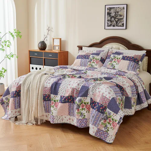 Miniatura 2 de EVENHUG Juego de edredón de retazos de 100% algodón, tamaño King, ligero, floral, juego de ropa de cama, colcha reversible con fundas de almohada