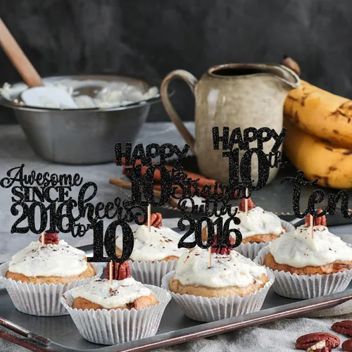 Miniatura 7 de Paquete de 30 adornos para cupcakes de 10º cumpleaños con purpurina recta hacia fuera de 2016, Happy 10th Ten Awesome Since 2016, 10 fabulosas