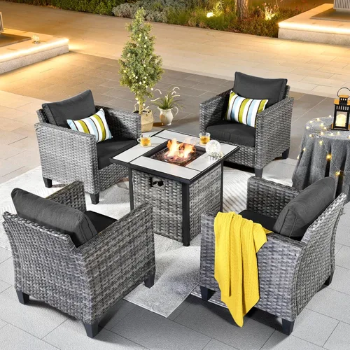 Miniatura 42 de ovios Juego de muebles de patio de 6 piezas, sillas giratorias de mimbre para exteriores con mesa para fogatas de 30 pulgadas, juego de mecedoras